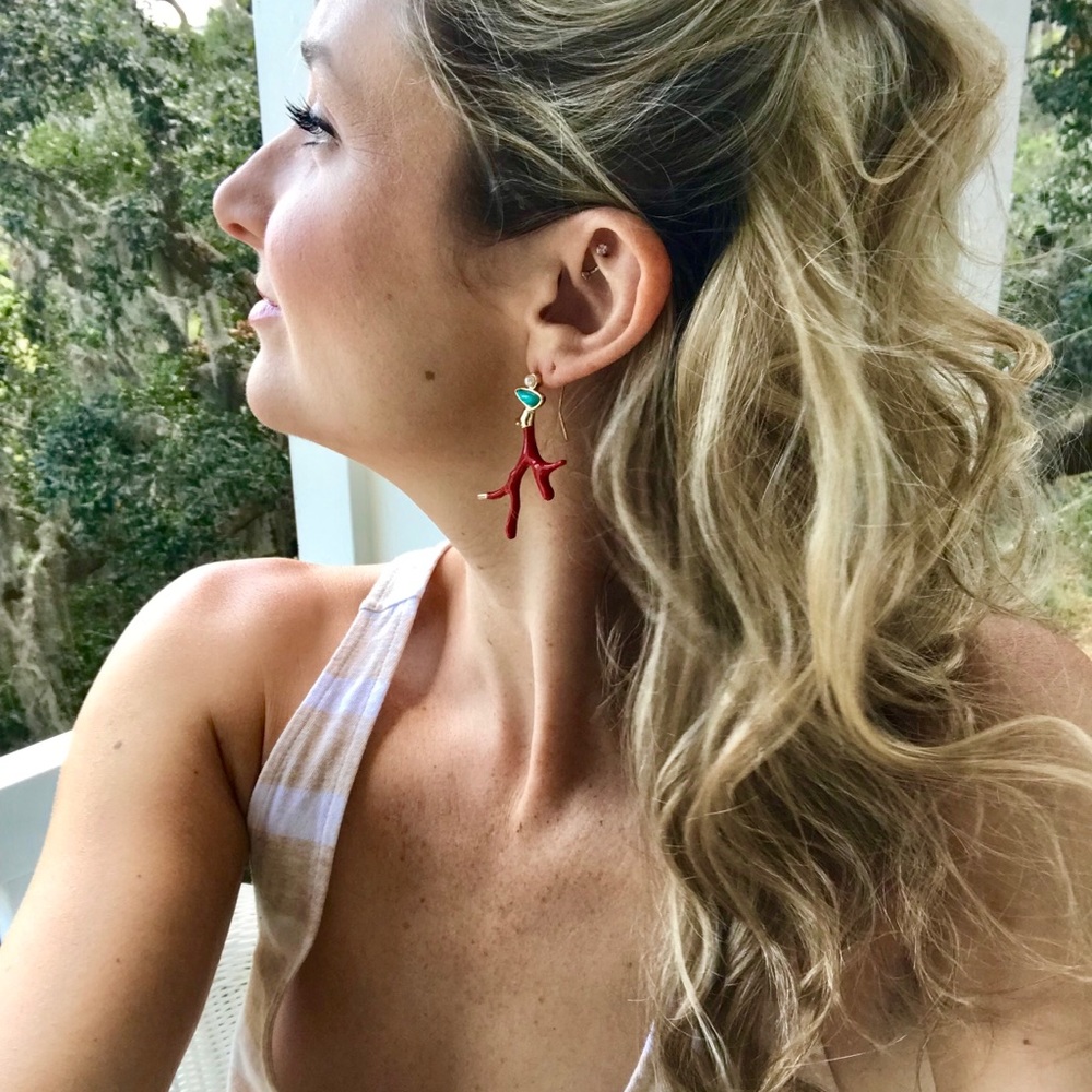NWT Coral Drop Earrings | Red + Turquoise + Gold - Picture 8 of 8
